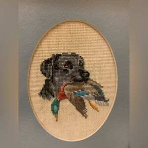 Vintage Cute Framed Black Labrador Retriever Needlepoint Wall Art- Ready To Hang